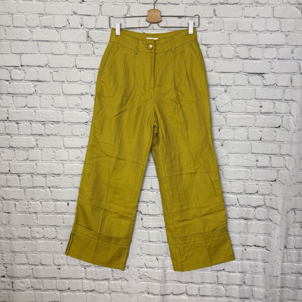 A Loves A Woven High Rise Pleated Wide Leg Cuff Trouser Pants Citron Women 0 NWT